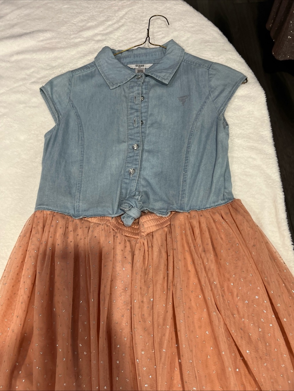 Guess Light Blue Denim Top with Peach Sparkle Tulle Skirt Dress, size L (14)